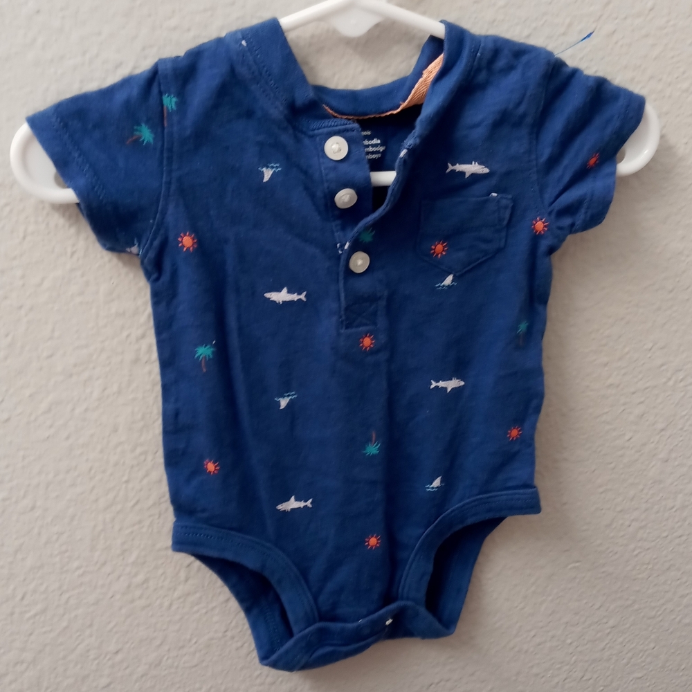 Blue Baby Onesie with Shark and Palm Tree Print